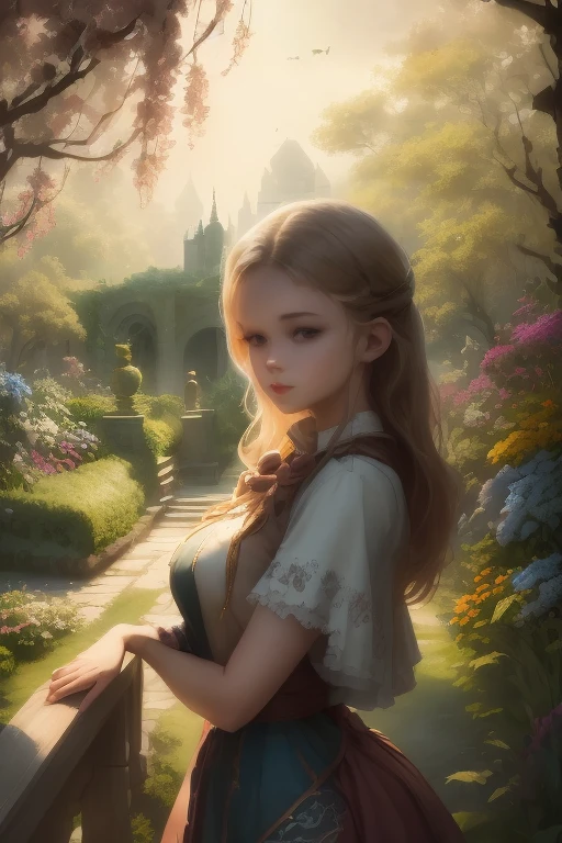 a beautiful girl in a garden, 1girl, detailed  lighting,fantasy landscape