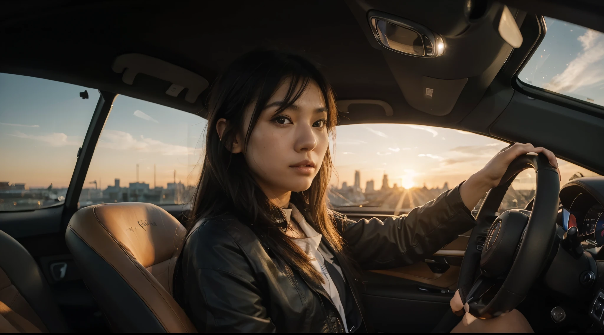"Picture this: A Japanese edgy girl behind the wheel of a sleek and sophisticated sports car reminiscent of a Bugatti, her expression alive with adrenaline as she grips the steering wheel tightly. The scene captures the essence of urban magic hour, with dramatic golden sunlight illuminating the detailed interior and dashboard of the car. As she navigates the city streets, the sunset casts a warm glow, adding to the intensity of the moment. hands & fingers anatomically correct."