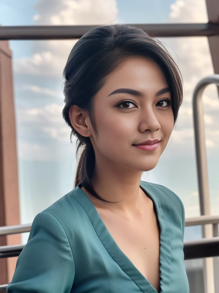 1girl, solo, 19 years old, (uniform), standing, in the middle of a large airport, seductive pose, thick medium , fit body, smooth realistic skin, cute little smirk, looking at the audience, high angle shot, (overhead shot:1.2), (zoom-out:1.4), (8k, RAW photo, best quality, masterpiece: 1.4), (realistic, realistic: 1.37), ultra-high resolution, cowboy shot