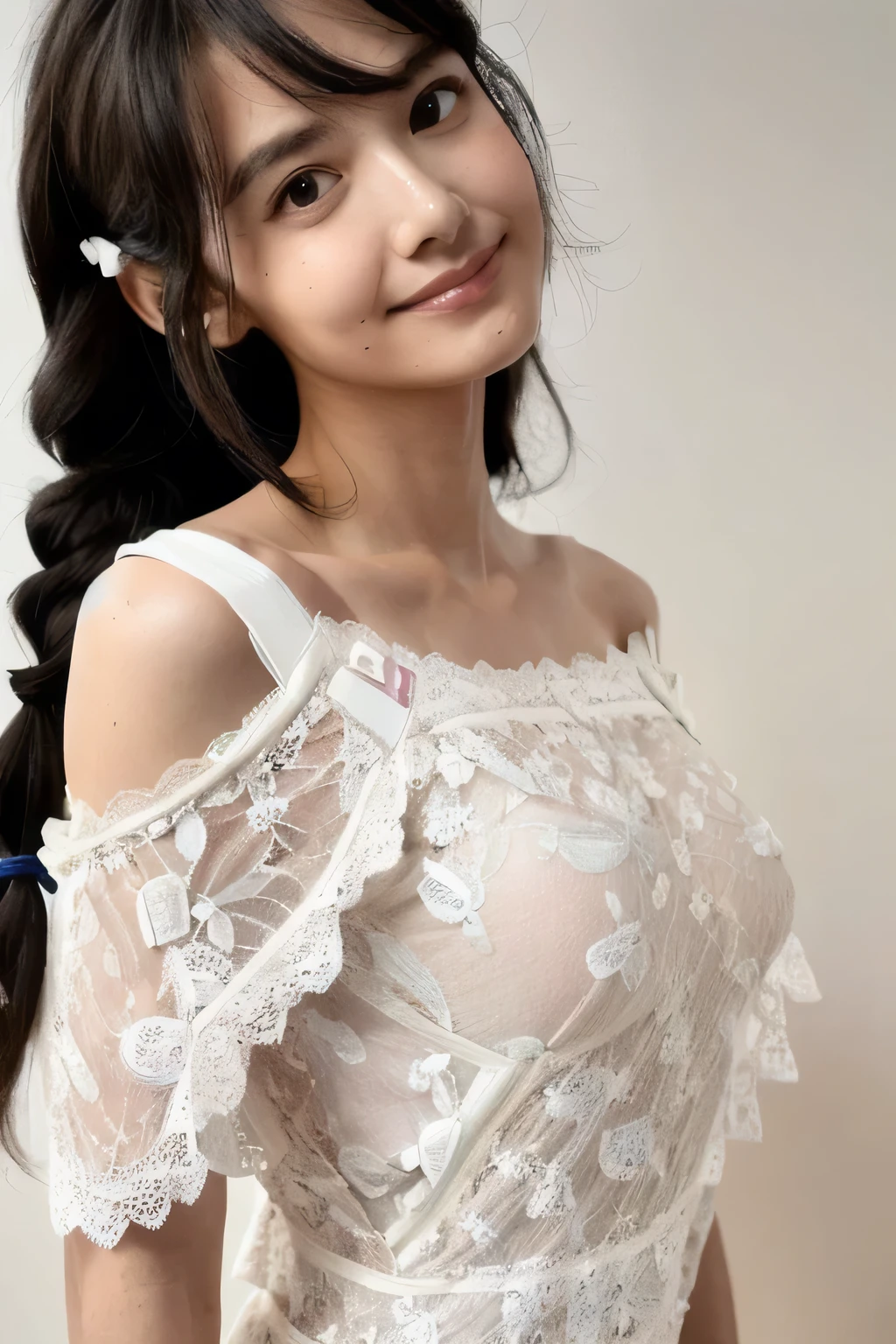 ((Highest quality, 8k, masterpiece: 1.3)), sharp: 1.2, Perfect Body Beauty: 1.6, ((Layered Hairstyles, Small breasts: 2.0)), (white lace dress: 2.0, Off-the-shoulder dress: 2.0, Dresses with visible breasts: 2.0), ((long hair: 2.0)), ((necklace)), Earrings, ring, Bracelet, Hair Accessories, ((Beautiful young teenager woman)), ((Straight nose)), (Eyeliner), Armpit Hair, Bristles, ((White and beautiful skin)), Wavy Hair, Beautiful attention to detail, Super detailed, Highly detailed face and skin texture, fine grain, double eyelid, Black Hair, Big Ass, Lower Body, Thighs, (((Skinny))), Wet and shiny lips, smile, Get a grip on your body, ((Anatomically correct human body)), ((Crisp body shape)), Ribs, clavicle, Protruding skeleton, A face without nasolabial folds, Shyness, Thin eyebrows, Big eyes, (shoot from side: 1.0), (Narrow shoulders: 2.0), (Smile: 1.0), (A dress that exposes the upper half of the chest: 2.0)