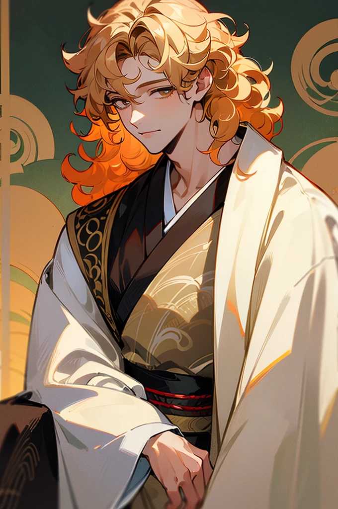 ((masterpiece)), ((one man)), man, man in late 30s, brown skin, amber eyes, detailed eyes, light blond hair, middle lenght hair, middle lenght curly hair, ((curly hair)), curly hair, tall, handsome, mature, white kimono,