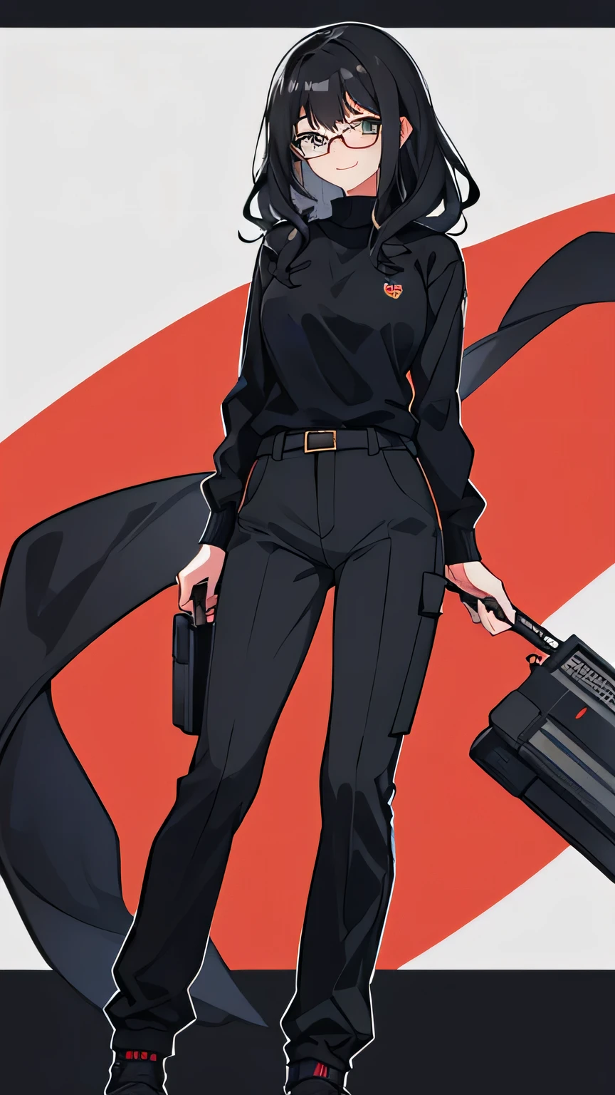 158 tall girl, beautiful wavy black hair , wearing glasses, wearing a black sweater, pen cargo pants, slim body, cute smile, Posing cute, Valorant game style background. PLEASE NO PARTS ANYWHERE WILL BE CUT OUT OF THE FRAME EXCEPT FOR THE KNEE