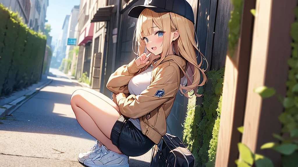 (Masterpiece, Top quality:1.5), 1 beautiful girl, squatting down, from side, Blonde, medium Hair, wavy Hair, asymmetry bangs, swept bangs, airy hair, large breasts:1.2, 16 year old, standard weight, (cool jacket, Shorts :1.3), baseball cap, smile:1.3, blush, beautiful scene of narrow Alley, blurry background, magnificent panorama view, blurry background, open mouth