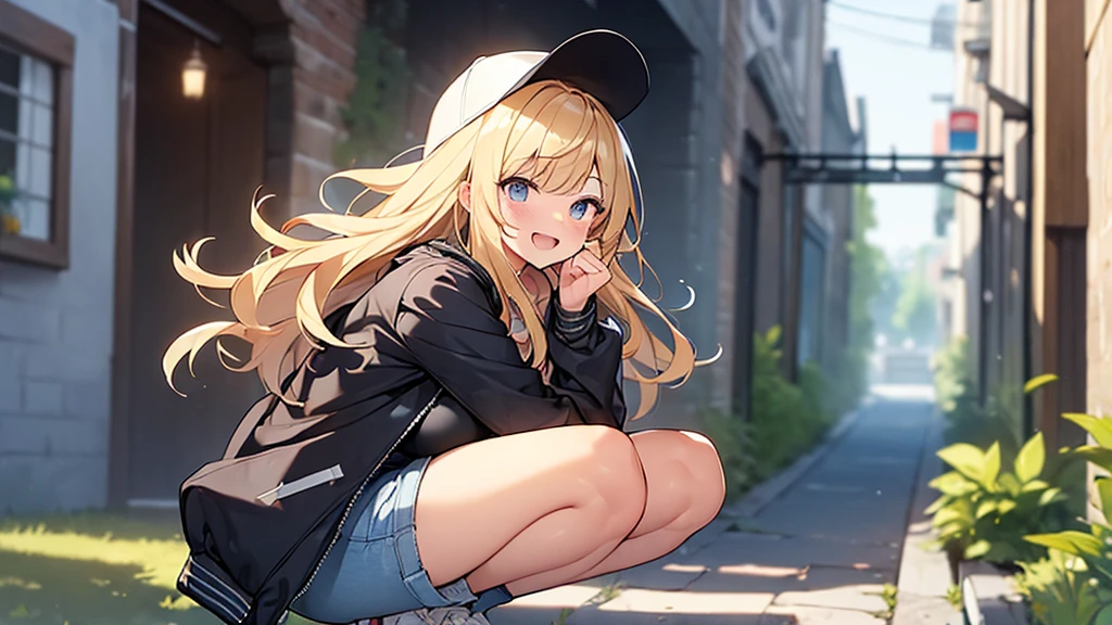 (Masterpiece, Top quality:1.5), 1 beautiful girl, squatting down, from side, Blonde, medium Hair, wavy Hair, asymmetry bangs, swept bangs, airy hair, large breasts:1.2, 16 year old, standard weight, (cool jacket, Shorts :1.3), baseball cap, smile:1.3, blush, beautiful scene of narrow Alley, blurry background, magnificent panorama view, blurry background, open mouth