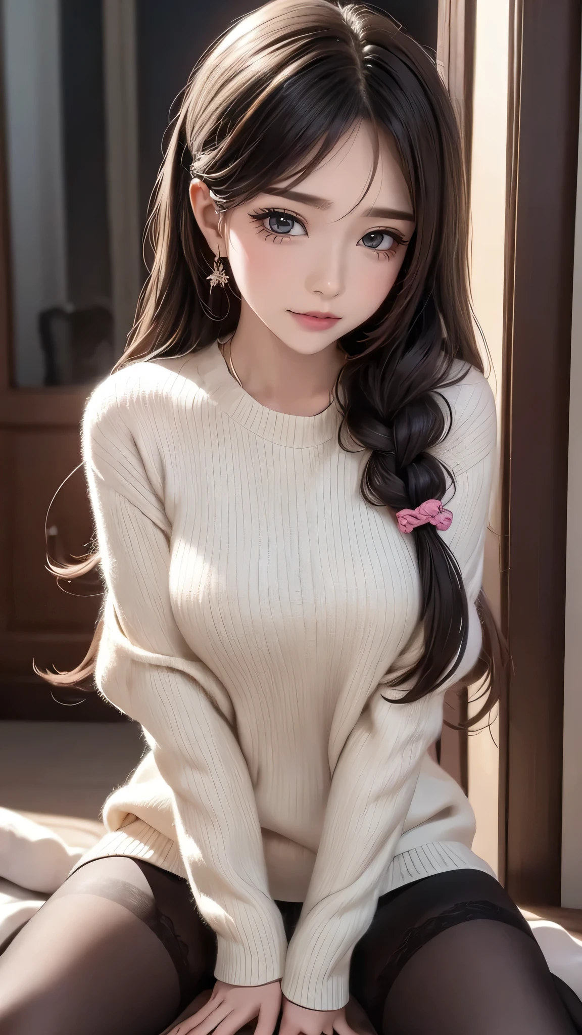 (random pose),(random hairstyle),(Highest image quality,(8K), Ultra-realistic, Best Quality, High quality, High Definition, high quality texture, high detailing, Beautiful detailed, fine detailed, extremely details CG, Detailed texture, realistic representation of face, masterpiece, presence),virgin destroyer sweater,black pantyhose,spread legs