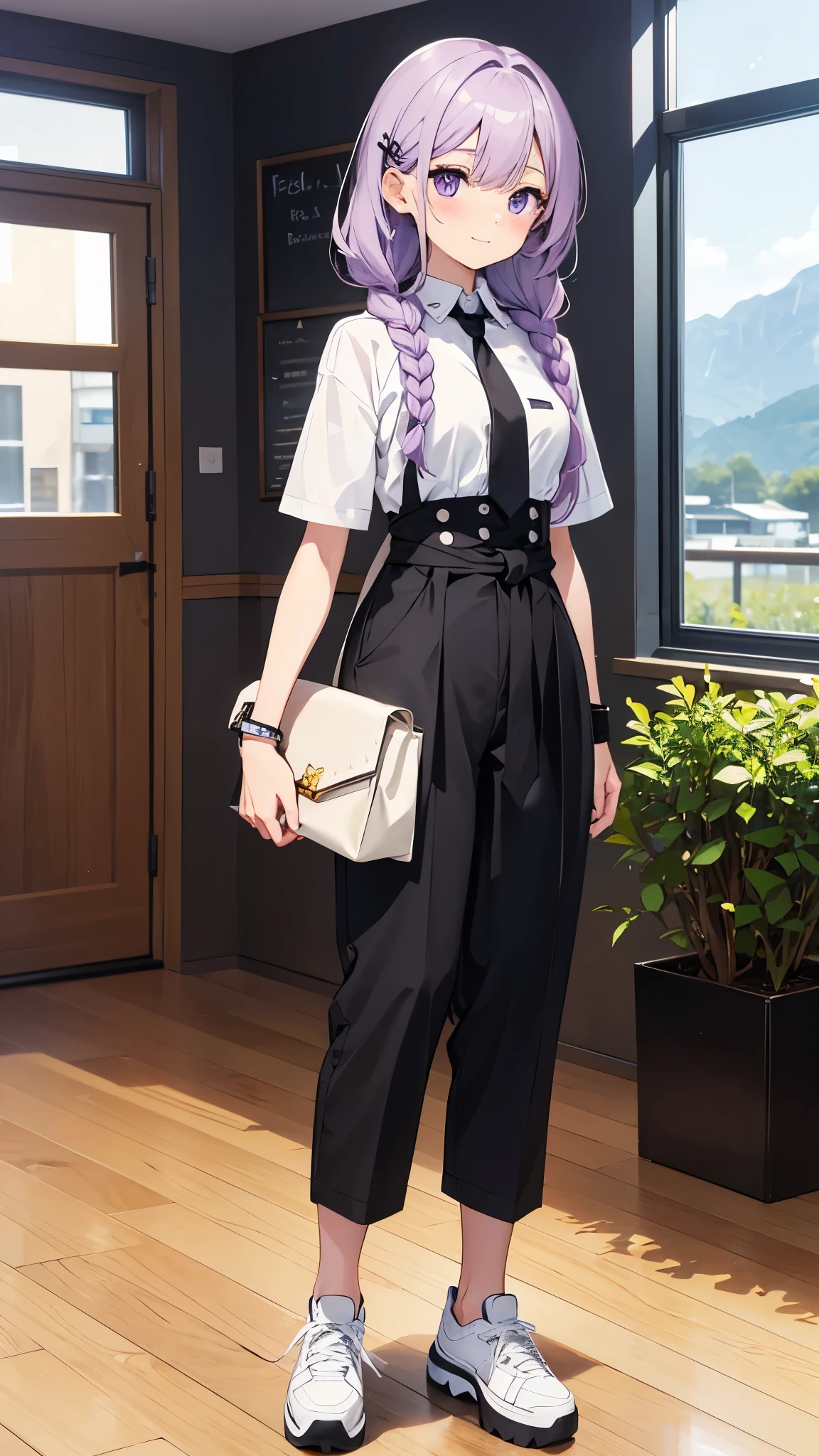 Hair Color is Light pastel purple.
Hair Style is Medium-length hair with loose waves, tied into a side braid on the right. Small, star-shaped hairpins near the fringe on the left side.
Eyes is Large, expressive eyes with deep purple irises.
Expression is A friendly, warm smile with a hint of playfulness. Blush on the cheeks, adding a cute and youthful appearance.
Other Features are Slightly pointed chin, smooth and flawless skin.
Top is White, short-sleeved crop top with a high collar and a black corset-style design around the waist.
Bottom is High-waisted, wide-leg cargo pants in a matching white color.
Accessories are Several silver bracelets on both wrists. A thin, black necktie that adds a casual yet stylish touch to the outfit.
Shoes is Chunky, white platform sneakers.
Scene is Inside a modern cafe with large glass windows showing a scenic view of a flower field and hills. The cafe has wooden floors, plants climbing the walls, and a blackboard menu near the entrance.
The character should appear friendly and approachable, with a sense of style that is modern and trendy.