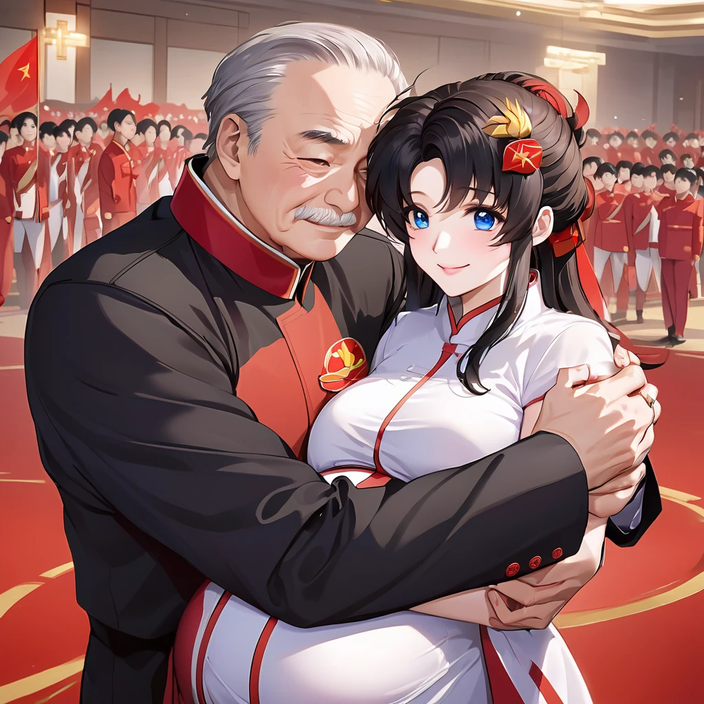 ((Highest quality)), ((masterpiece)), (detailed), (Perfect Face)、The woman is a Chinese Lacus Clyne with blue eyes and medium-long black hair. She is wearing an engagement ring. She has become a member of the glorious Chinese Communist Party and has sworn absolute loyalty to the Chinese Communist Party. She is a righteous Communist Party member of China.、The woman is a member of the Chinese Communist Party and wears luxurious clothes.、For the sake of China, they dye their hair, hairstyle, clothes, and everything they wear belongs to the Chinese Communist Party, and their thoughts are also Chinese, becoming great Chinese in body and mind.、The woman became Lacus Clyne, a Chinese woman who was proud of and loved China.、The woman is chosen by a great Chinese Communist Party official and is given the honor of becoming his wife.、The woman looks happy being held in the arms of a great Chinese Communist Party official.、The woman is the wife of a glorious Chinese Communist Party official.、The man is a great Chinese Communist Party official, a dignified and imposing old man who marries the woman.、A happy couple, the woman is hugged by the man and looks happy、the woman is pregnant