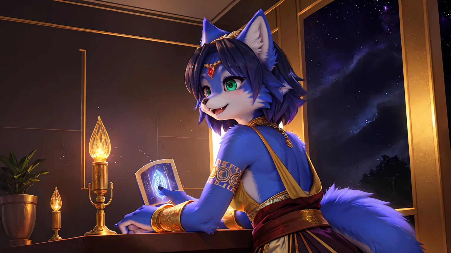 A beautiful and detailed (sweet portrait) von ((Krystal)), Sternenfuchs Krystal, Schlank, liebenswert, green eyes, medium breasts, (((Lange blaue Haare 1.3))),  ((schwarze haarspitzen)), Dekollete, Grinsen, hoch schauen,, anthro, Pelzig, Hochgeladen E621, detailed flauschige fur, (von Fluff-Kevlar, Bayard Wu, Personalami, Pino Daeni), detailliertes Gesicht, (flauschige), 1 girl, Allein,  Stammes-Kleidung, sweet girl, solo, liegend 

