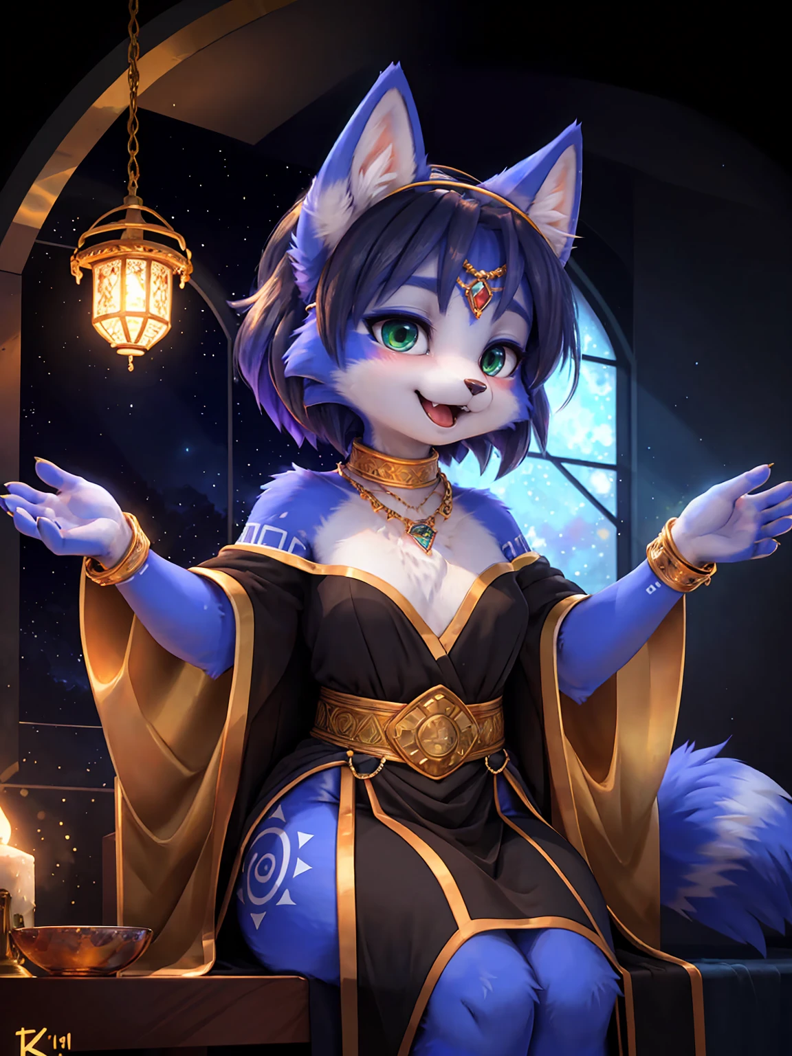 A beautiful and detailed (sweet picture) wa ((krystal)), Star Fox Krystal, sslim, lovable, green eyes, medium breasts, (((Long blue hair 1.3))),  ((black hair tips)), Decollete, grin, look up,, anthro, furry, Uploaded E621, detailed fluffy fur, (wa Fluff-Kevlar, Bayard Wu, personalize me, Pino Daeni), detailed face, (fluffy), 1 girl, alone,  Tribal clothing, sweet girl, alone,  ASCIIrealisti, ​masterpiece,
(Three quarters back) VIEW, back, over shoulder, shot above, detailed and extremely fluffy body fur,
shiny coat, green eyes, small breasts, Cute fangs,
sit on a table, sexy Pose,
((Long wavy purple hair, Hair above the eye)),
(purple and Schwarz elegant dress|Starry Night Empress Robes, dark dress, reminiscent of a starry sky, flowing cape, Crescent Accessories),
Shimmering Gold, gold necklace, Gold anklets, Gold Bracelets, Golden Belt, golden chain decoration, golden tiara,
Half Closed Eyes, open mouth, Happy,
uploaded to e621, (wa Hasui Kawase:0.5), wa Barbara Takenaga, wa Affandi, wa Beatrice Ethel Lithiby, wa Catcouch,
furrycore,
Night time,
decorated fantasy throne room, colored magic lights, Dim the light,
Antique brass lamps, Hanging brass lamps with stained glass panels cast warm and colorful light into the room, lavishly decorated bed, Cryptic Alchemy Lab radiates an unearthly glow, that defies the laws of natural light., Alchemy laboratory with bubbling potions and mysterious ingredients, living crystalline column,
detailed, realisti, 8K  UHD, good quality, good quality photography, 3-point lighting, Flash with softbox, 4K, Canon EOS R3, HDR, smooth, keen focus, High resolution, Award-winning photo, 80mm, f2.8, bokeh,
Film composition, cinematic lighting,highly detailed, ​masterpiece, best quality,