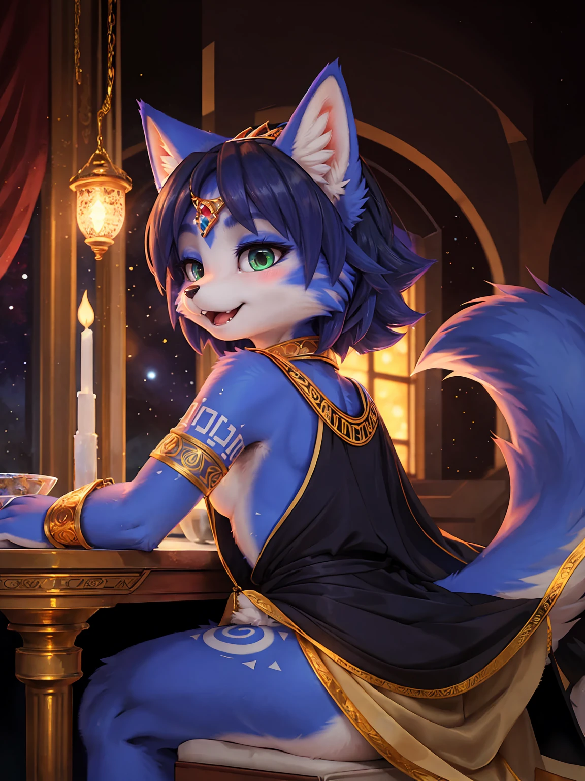 A beautiful and detailed (sweet picture) wa ((krystal)), Star Fox Krystal, sslim, lovable, green eyes, medium breasts, (((Long blue hair 1.3))), ((black hair tips)), Decollete, grin, look up,, anthro, furry, Uploaded E621, detailed fluffy fur, (wa Fluff-Kevlar, Bayard Wu, personalize me, Pino Daeni), detailed face, (fluffy), 1 girl, alone, Tribal clothing, sweet girl, alone, ASCIIrealisti, masterpiece,
(Three quarters back) VIEW, back, over shoulder, shot above, detailed and extremely fluffy body fur,
shiny coat, green eyes, small breasts, Cute fangs,
sit on a table, sexy Pose,
((Long wavy purple hair, Hair above the eye)),
(purple and Schwarz elegant dress|Starry Night Empress Robes, dark dress, reminiscent of a starry sky, flowing cape, Crescent Accessories),
Shimmering Gold, gold necklace, Gold anklets, Gold Bracelets, Golden Belt, golden chain decoration, golden tiara,
Half Closed Eyes, open mouth, Happy,
uploaded to e621, (wa Hasui Kawase:0.5), wa Barbara Takenaga, wa Affandi, wa Beatrice Ethel Lithiby, wa Catcouch,
furrycore,
Night time,
decorated fantasy throne room, colored magic lights, Dim the light,
Antique brass lamps, Hanging brass lamps with stained glass panels cast warm and colorful light into the room, lavishly decorated bed, Cryptic Alchemy Lab radiates an unearthly glow, that defies the laws of natural light., Alchemy laboratory with bubbling potions and mysterious ingredients, living crystalline column,
detailed, realisti, 8K UHD, good quality, good quality photography, 3-point lighting, Flash with softbox, 4K, Canon EOS R3, HDR, smooth, keen focus, High resolution, Award-winning photo, 80mm, f2.8, bokeh,
Film composition, cinematic lighting,highly detailed, masterpiece, best quality,