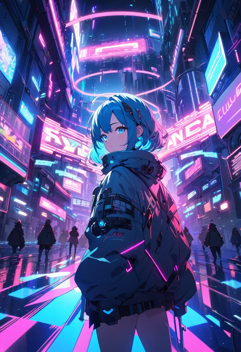anime girl with long blue hair and beautiful blue eyes, standing in a futuristic city, 4k, highly detailed, anime art style,, glowing neon lights, cyberpunk, mood lighting, volumetric fog, reflective surfaces, atmospheric perspective, dynamic camera angle, cinematic composition, colorful visual effects, intricate background details