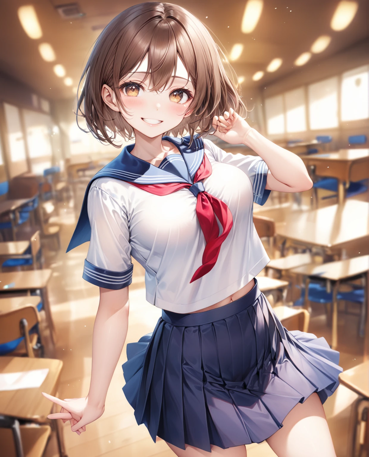 (Highest quality, 8k, 32K, masterpiece, Ultra-high resolution,:1.2),to be born,一人のgirl,very cute , School-style fantasy background, clear, Shining Eyes, Age 25 ,Fair skin, girl , Slanted Eyes, , An innocent smile, Grin, Large Breasts, Sailor suit, mini skirt, uniform, , Accentuate your butt,Brown Hair, short hair