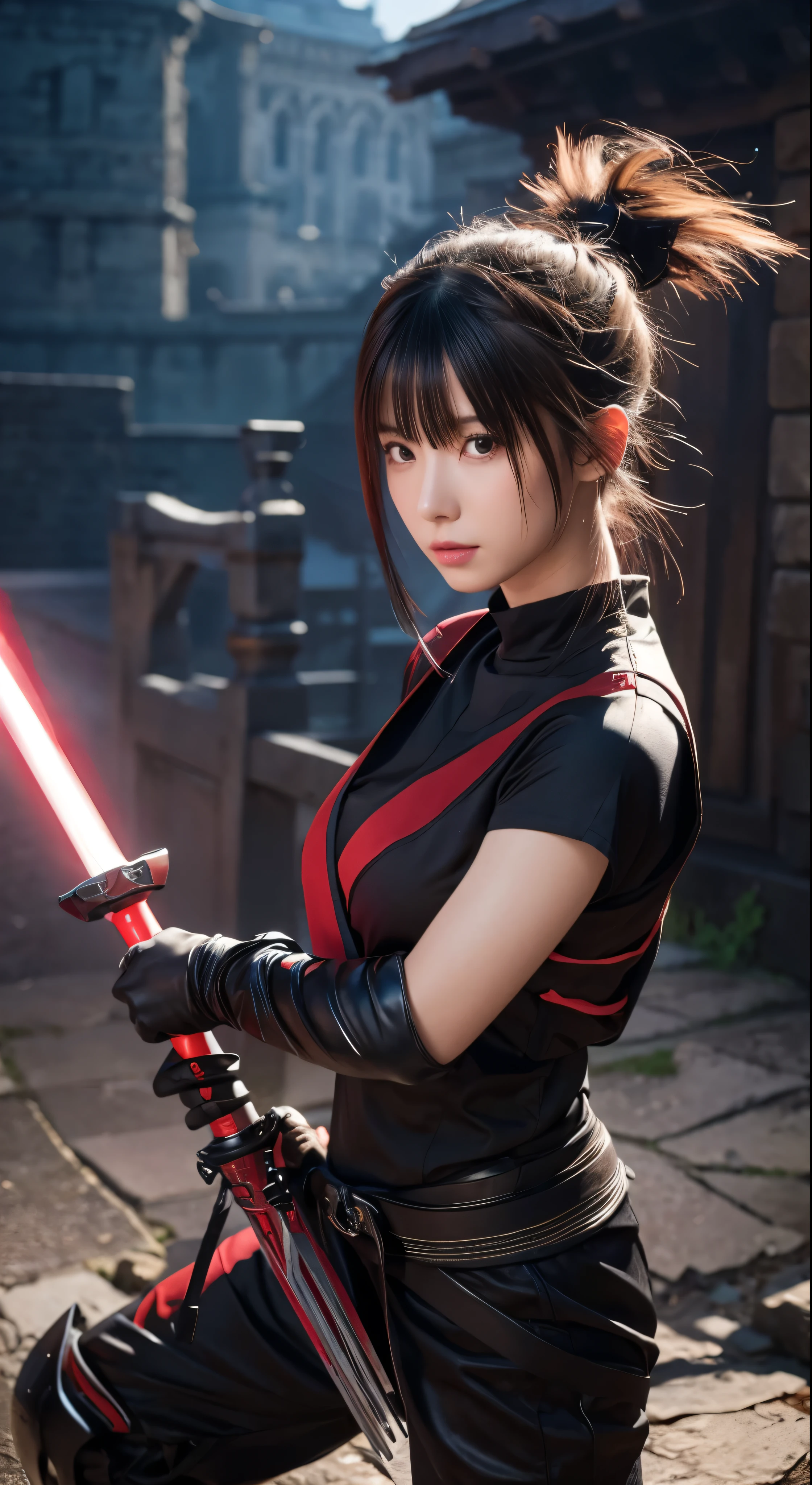with high definition images、Epic Ninjutsu Shot、front、Award-winning photography、Beautiful Iga Ninja、Female ninja、Glowing Sword、In red photorealistic ninja style、The face is showing、Ultra-realistic illustrations、Facial details、Cinematic Screenshots Unreal Engine、Zbrush3DアートVray、Glow Special、Post Effects、Style expressive--S 400,High definition images of beautiful female ninjas,　Full body high quality images，With the castle in the background。
