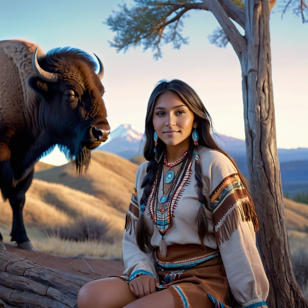 (grainy:0.5), cinematic, beautiful girl 25 year old native american,fantasy,(solo:1.3), detailed eyes, detailed face, detailed native american sexy clothing, volumetric lighting, dusk, extremely detailed background, standing next to tree and mountain, smiling, half closed brown eyes, tilted head, from side, sitting next to her American Bison