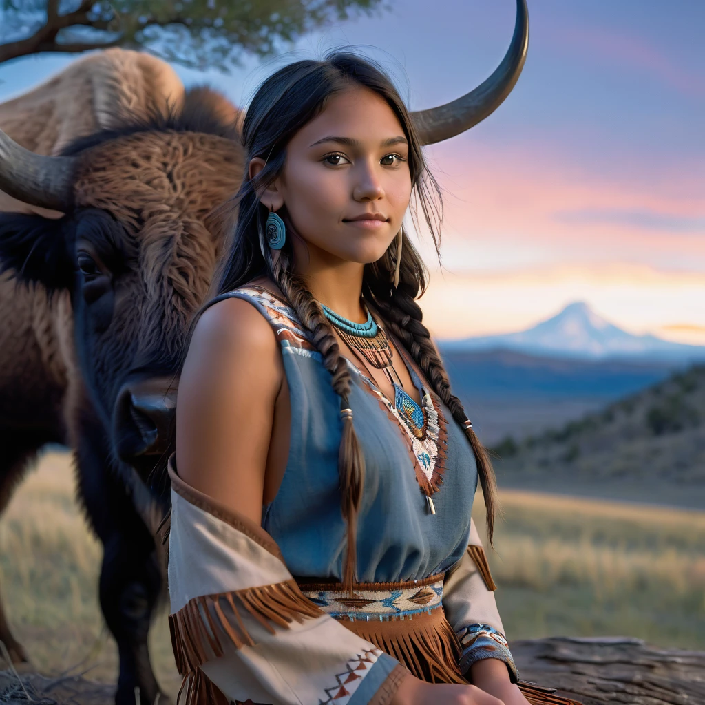 (grainy:0.5), cinematic, beautiful girl 25 year old native american,fantasy,(solo:1.3), detailed eyes, detailed face, detailed native american sexy clothing, volumetric lighting, dusk, extremely detailed background, standing next to tree and mountain, smiling, half closed brown eyes, tilted head, from side, sitting next to her American Bison