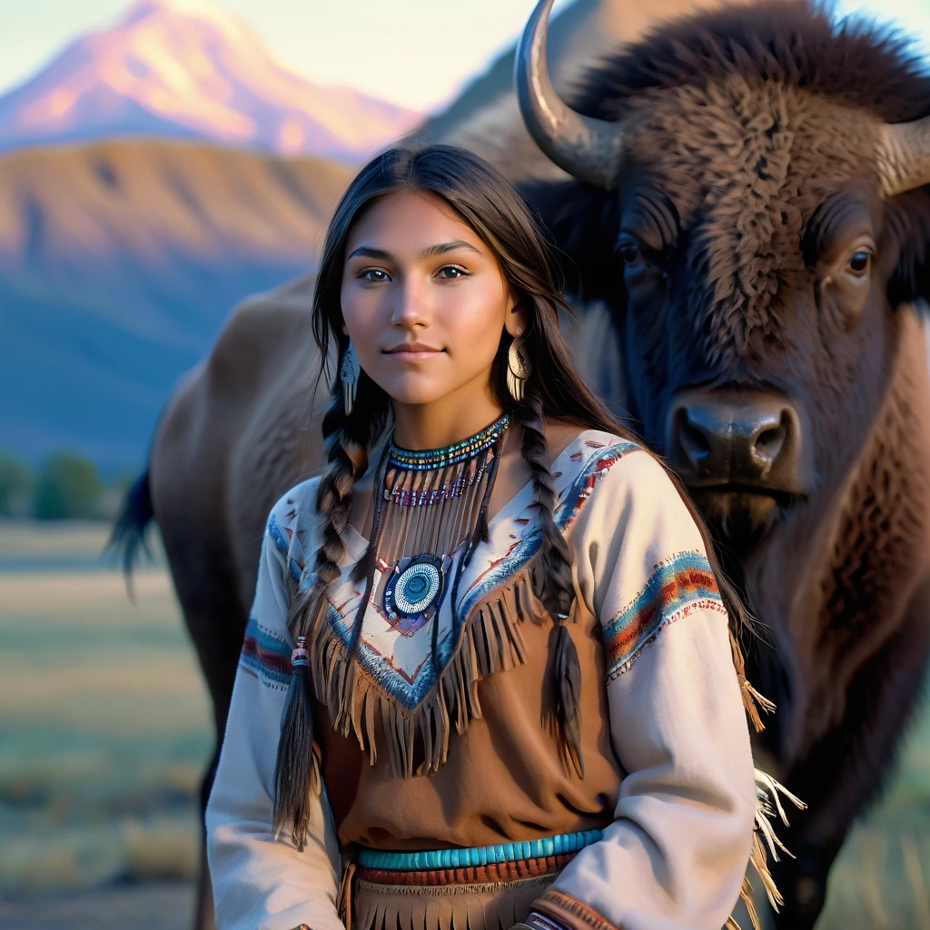 (grainy:0.5), cinematic, beautiful girl 25 year old native american,fantasy,(solo:1.3), detailed eyes, detailed face, detailed native american y clothing, volumetric lighting, dusk, extremely detailed background, standing next to tree and mountain, smiling, half closed brown eyes, tilted head, from side, sitting next to her American Bison