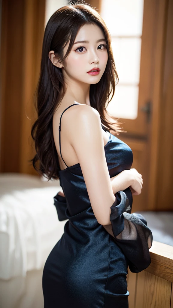 1 female, Beautiful Japanese actresses, Age 25, Double Eye,mile, Detailed face,Flashy makeup using red eyeshadow,light brown delicate middle cut hair,the tips of the hair are wavy,Classy hairstyle,fine grain,slender, Large Breasts,Small hips, Side Bust Barbosa),Bare waist, Bare back:1.3),Sexy silk embroidered mermaid dress:1.2), break long black hair, BREAK ceremony, Official Art,Highly detailed CG Unity 8k wallpaper, (masterpiece:1.0),(Highest quality:1.0), photo shoot, 8k, Browsing Caution, High resolution, Kodak Portrait 400, Film Grain, Lens flare brilliance