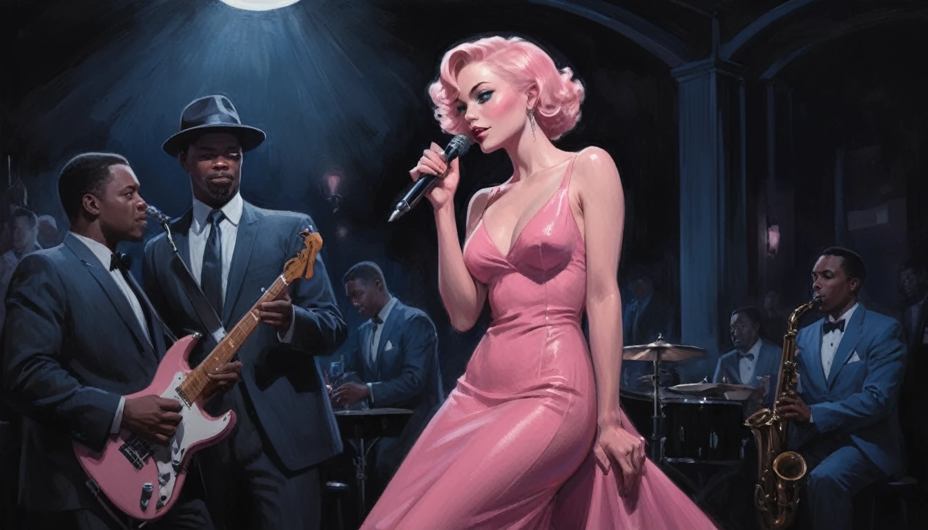 alabama bar, blue note, charismatic, baterist, guitarist, saxophonist, jazz band, pink dress, illustration, noir fantasy, singer lady,