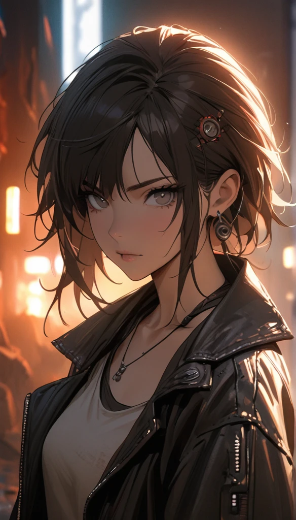 Portrait 1 Young Woman ,Science fiction, Complex background punk, Mad Max , Futuristic, Post-apocalyptic, dark, Dim Lights, ((masterpiece, best quality, )),