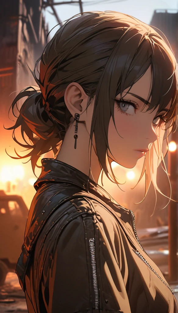 Portrait 1 Young Woman ,Science fiction, Complex background punk, Mad Max , Futuristic, Post-apocalyptic, dark, Dim Lights, ((masterpiece, best quality, )),