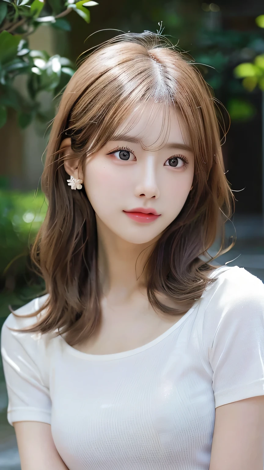 Woman standing upright facing the camera、Light clothing、Expose、Thin white shirt、(Highest quality,masterpiece:1.3,Ultra-high resolution,),(Very detailedな,Caustics),(Photorealistic:1.4,RAW shooting,)Ultra-Realistic Capture,Very detailed,High resolution 16K for human skin、 Natural skin texture、、Skin tone is even and healthy looking、 Use natural light and colour,One Woman,Japanese,,cute,Pink Hair,Mid-length hair,(Written boundary depth、chromatic aberration、、Wide range of lighting、Natural Shading、)、(Daytime outdoor lighting:1.4)、(Hair swaying in the wind:1)、short hair、hair ornaments、Put it on your ear