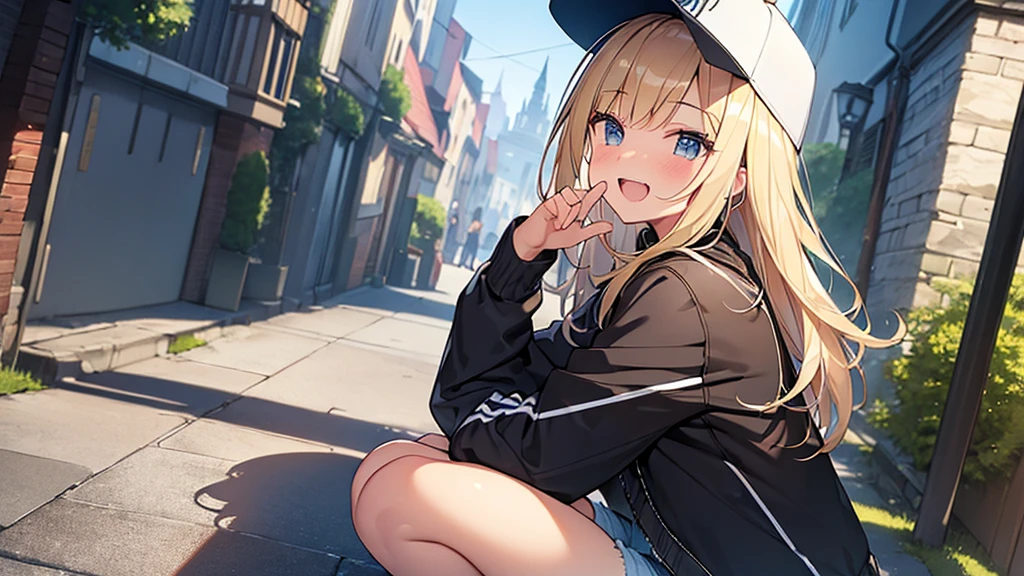 (Masterpiece, Top quality:1.5), 1 beautiful girl, squatting down, from side, Blonde, medium Hair, wavy Hair, asymmetry bangs, swept bangs, airy hair, large breasts:1.2, 16 year old, standard weight, (cool jacket, Shorts :1.3), baseball cap, smile:1.3, blush, beautiful scene of narrow Alley, blurry background, magnificent panorama view, blurry background, open mouth
