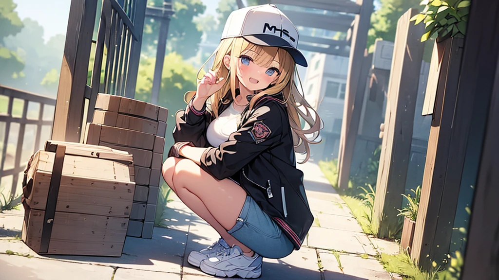 (Masterpiece, Top quality:1.5), 1 beautiful girl, squatting down, from side, Blonde, medium Hair, wavy Hair, asymmetry bangs, swept bangs, airy hair, large breasts:1.2, 16 year old, standard weight, (cool jacket, Shorts :1.3), baseball cap, smile:1.3, blush, beautiful scene of narrow Alley, blurry background, magnificent panorama view, blurry background, open mouth