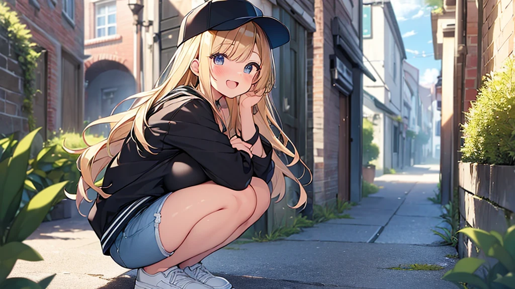 (Masterpiece, Top quality:1.5), 1 beautiful girl, squatting down, from side, Blonde, medium Hair, wavy Hair, asymmetry bangs, swept bangs, airy hair, large :1.2, 16 year old, standard weight, (cool jacket, Shorts :1.3), baseball cap, smile:1.3, blush, beautiful scene of narrow Alley, blurry background, magnificent panorama view, blurry background, open mouth