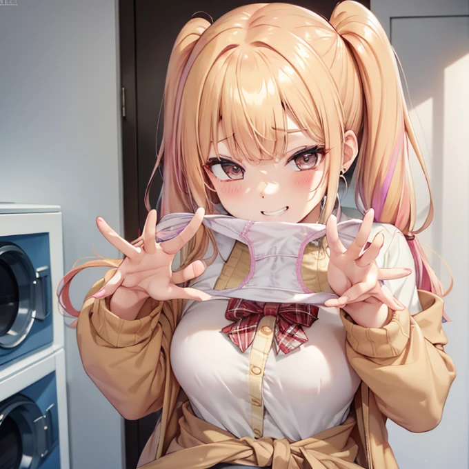 1girl,
Laundry room, laundry bascket, a few underwears are in a laundry bascket,
blonde hair, {{{half twin tail:1.3}}}、BREAK,gyaru, shirt, plaid, bow, blush, white shirt, hair ornament, nail polish, multicolored hair, jewelry, kogal, bracelet, collared shirt, sweater around waist, naked lower body ,creamypie,hairclip, bangs, jacket around waist, long sleeves, jacket, sweater, plaid bowtie
,Upper body,,Focus on panties,Fine underwear,
Looking down,Look at the viewer,
Presenting Panties,stain on panties
masutepiece, Best Quality, , absurderes, Perfect Skin, Detailed skin texture, ultra-detailliert, 8K, Intricate details, beautifull detailed face,hight resolution,
 {{{shaded face}}}, mock, {{{clenched teeth:1.2}}}, grin, smile, looking down at viewer, masterpiece,absurderes, beautiful detailed face
From the front,