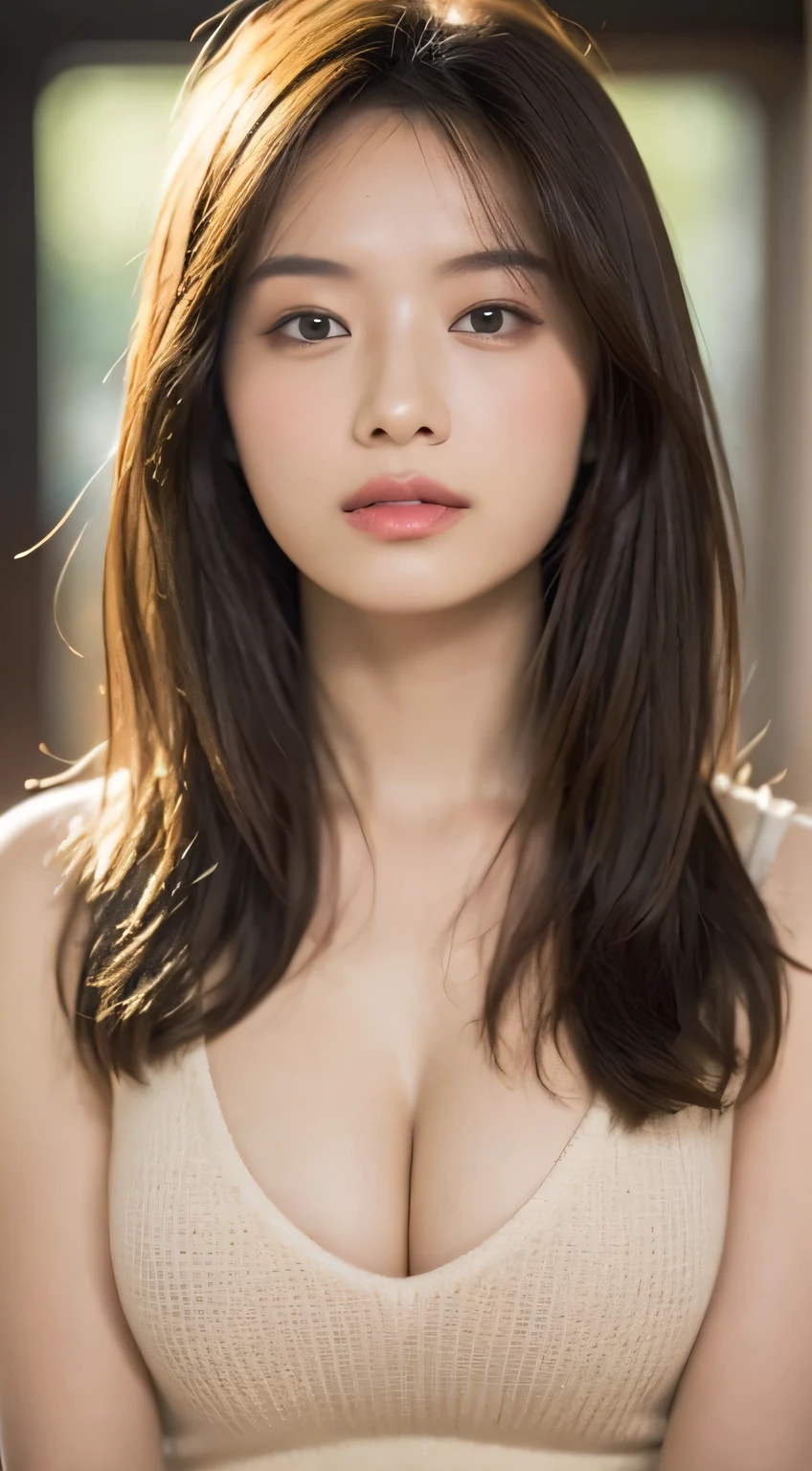 ((highest quality, 8k, masterpiece:1.3)), concentrated:1.2, Beautiful woman with perfect figure:1.4, ((Cut your hair in layers, Beautiful breasts:1.2)), Bandeau dress:1.1, Highly detailed face and skin texture, Detailed eyes, double eyelid,Whitening the skin,Long white hair,close - up studio photo, Japanese Model, Big Breasts, Beige sleeveless tight knit, ID photo