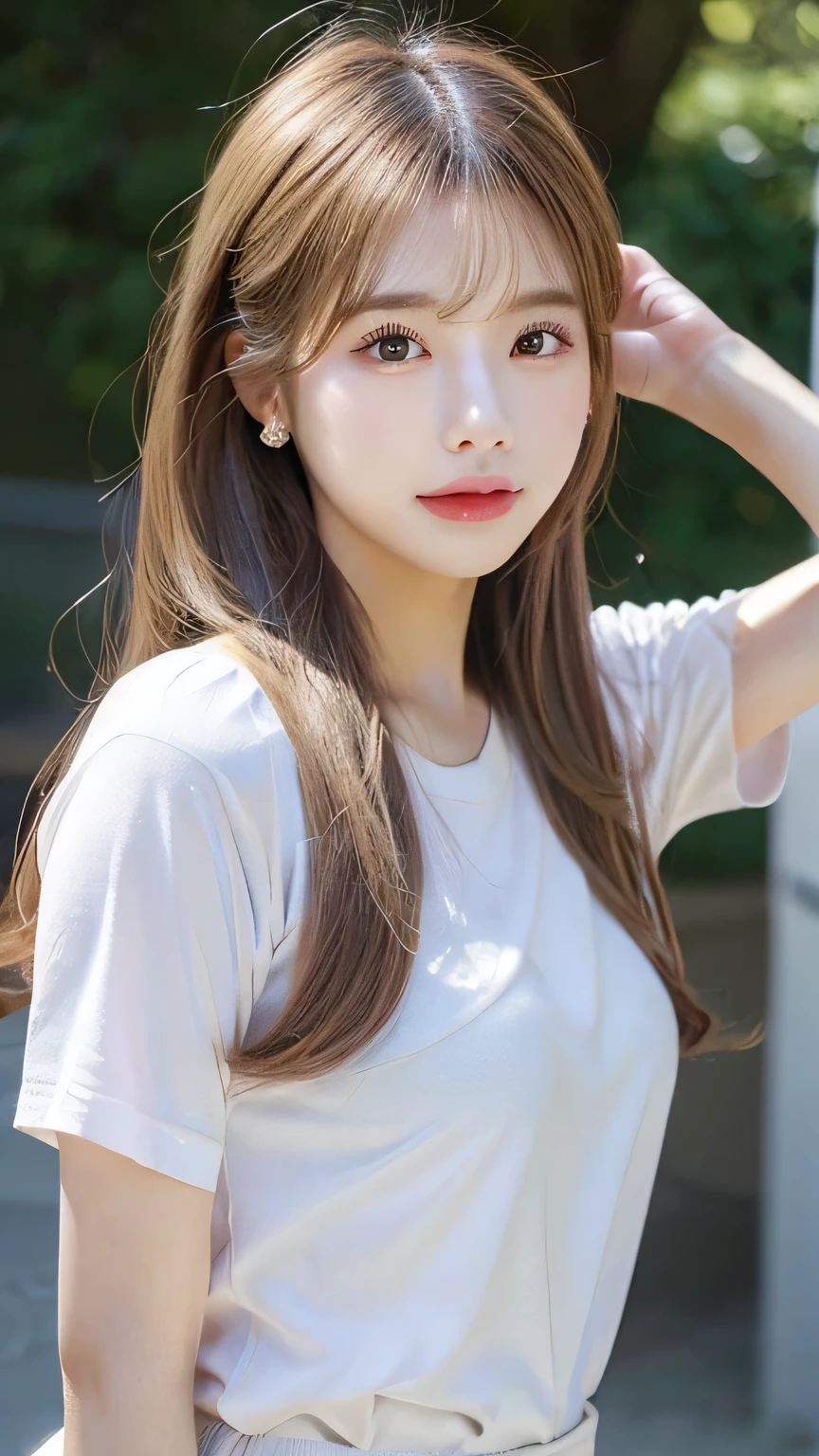 Woman standing upright facing the camera、Light clothing、Expose、Thin white shirt、(Highest quality,masterpiece:1.3,Ultra-high resolution,),(Very detailedな,Caustics),(Photorealistic:1.4,RAW shooting,)Ultra-Realistic Capture,Very detailed,High resolution 16K for human skin、 Natural skin texture、、Skin tone is even and healthy looking、 Use natural light and colour,One Woman,Japanese,,cute,Pink Hair,Mid-length hair,(Written boundary depth、chromatic aberration、、Wide range of lighting、Natural Shading、)、(Daytime outdoor lighting:1.4)、(Hair swaying in the wind:1)、short hair、hair ornaments、Put it on your ear