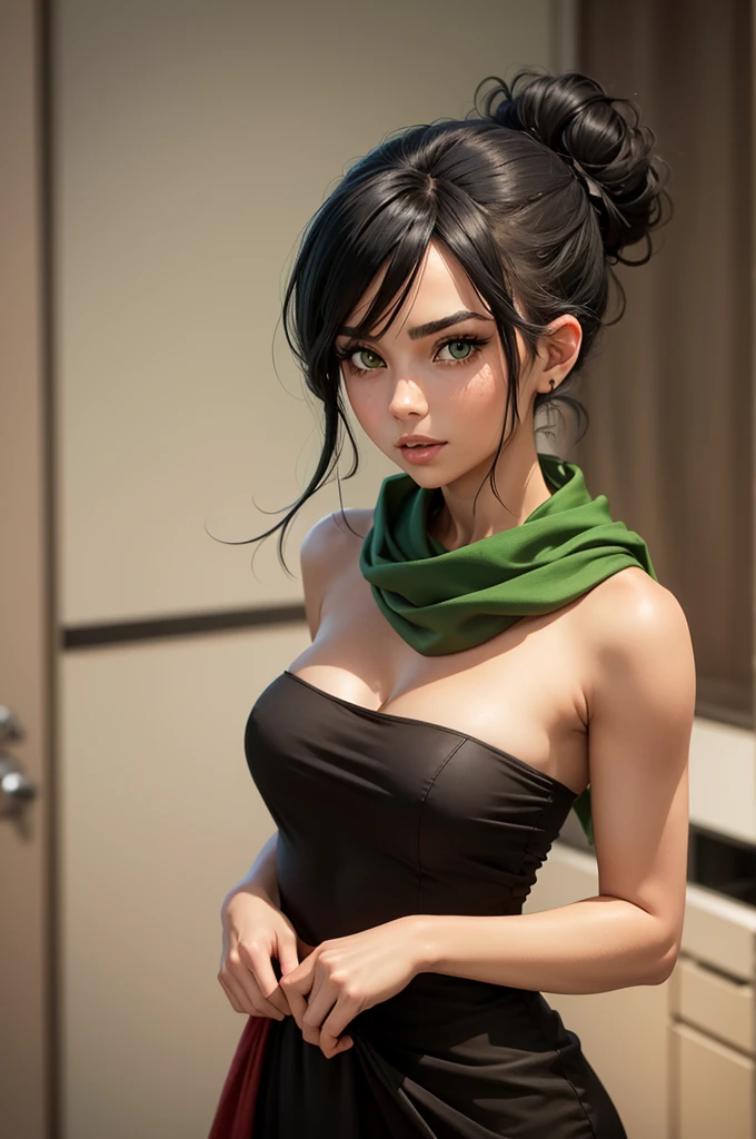 female with green eyes, black hair tied to a bun, strapless midi dress, red scarf around her neck