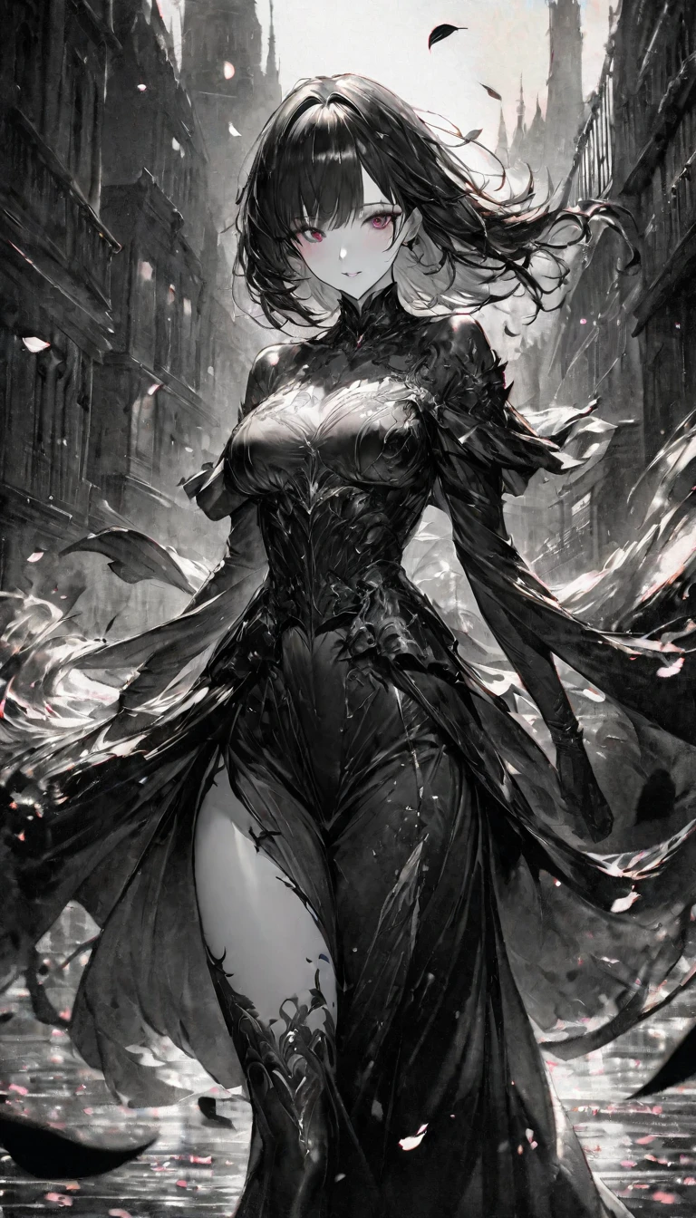 up-and-coming works of art, fusion of watercolor and oil painting, monochrome, no color, best quality, super fine, 16k, incredibly absurdres, extremely detailed, beautiful ephemeral girl stands in the city, wind, wind-effect, moonlit night view, (magnificent view:1.2), steammetal, (only the falling petals are red)