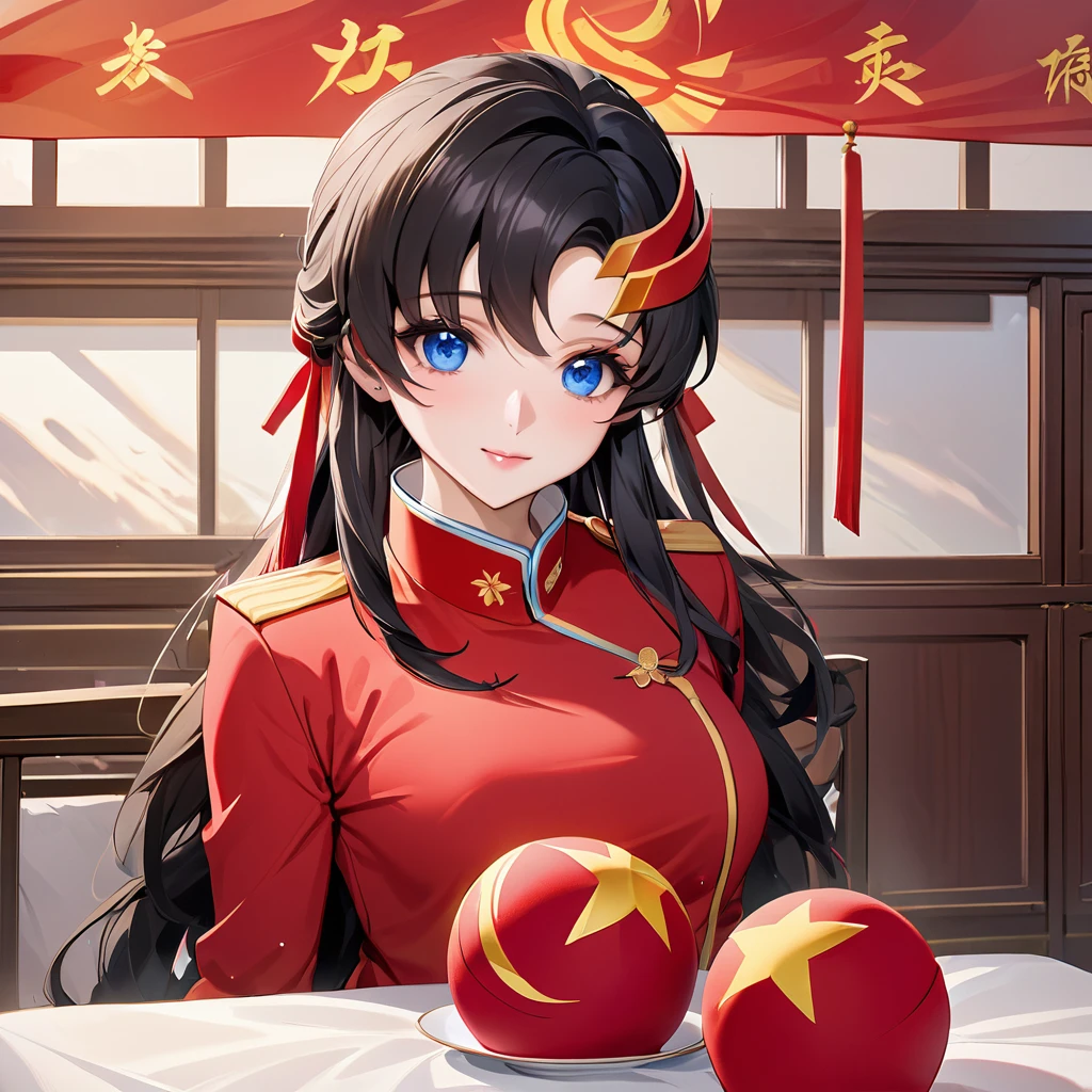 ((Highest quality)), ((masterpiece)), (detailed), (Perfect Face)、The woman is a Chinese Lacus Clyne with blue eyes and medium-long black hair. She is wearing an engagement ring. She has become a member of the glorious Chinese Communist Party and has sworn absolute loyalty to the Chinese Communist Party. She is a righteous Communist Party member of China.、The woman is wearing the fine red uniform of a Chinese Communist Party member.、For the sake of China, they dye their hair, hairstyle, clothes, and everything they wear belongs to the Chinese Communist Party, and their thoughts are also Chinese, becoming great Chinese in body and mind.、The woman became Lacus Clyne, a Chinese woman who was proud of and loved China.、The woman is serving as a comfort mission for China as a member of the great Chinese Communist Party.、She is a beautiful, respectable and exemplary Communist.