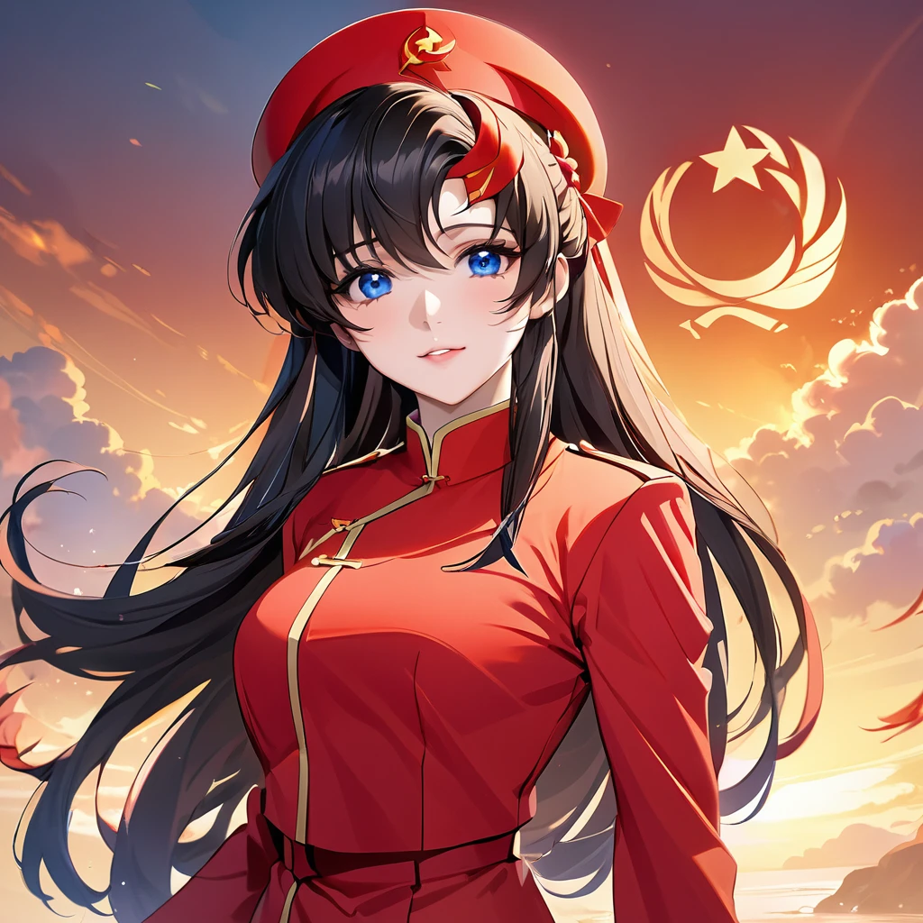 ((Highest quality)), ((masterpiece)), (detailed), （Perfect Face）、The woman is a Chinese Lacus Clyne with blue eyes and medium-long black hair. She is wearing an engagement ring. She has become a member of the glorious Chinese Communist Party and has sworn absolute loyalty to the Chinese Communist Party. She is a righteous Communist Party member of China.、The woman is wearing the fine red uniform of a Chinese Communist Party member.、For the sake of China, they dye their hair, hairstyle, clothes, and everything they wear belongs to the Chinese Communist Party, and their thoughts are also Chinese, becoming great Chinese in body and mind.、The woman became Lacus Clyne, a Chinese woman who was proud of and loved China.、The woman is serving as a comfort mission for China as a member of the great Chinese Communist Party.、She is a beautiful, respectable and exemplary Communist.