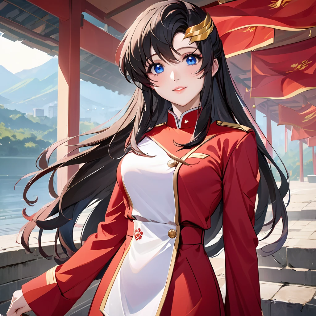 ((Highest quality)), ((masterpiece)), (detailed), （Perfect Face）、The woman is a Chinese Lacus Clyne with blue eyes and medium-long black hair. She is wearing an engagement ring. She has become a member of the glorious Chinese Communist Party and has sworn absolute loyalty to the Chinese Communist Party. She is a righteous Communist Party member of China.、The woman is wearing the fine red uniform of a Chinese Communist Party member.、For the sake of China, they dye their hair, hairstyle, clothes, and everything they wear belongs to the Chinese Communist Party, and their thoughts are also Chinese, becoming great Chinese in body and mind.、The woman became Lacus Clyne, a Chinese woman who was proud of and loved China.、The woman is serving as a comfort mission for China as a member of the great Chinese Communist Party.、She is a beautiful, respectable and exemplary Communist.