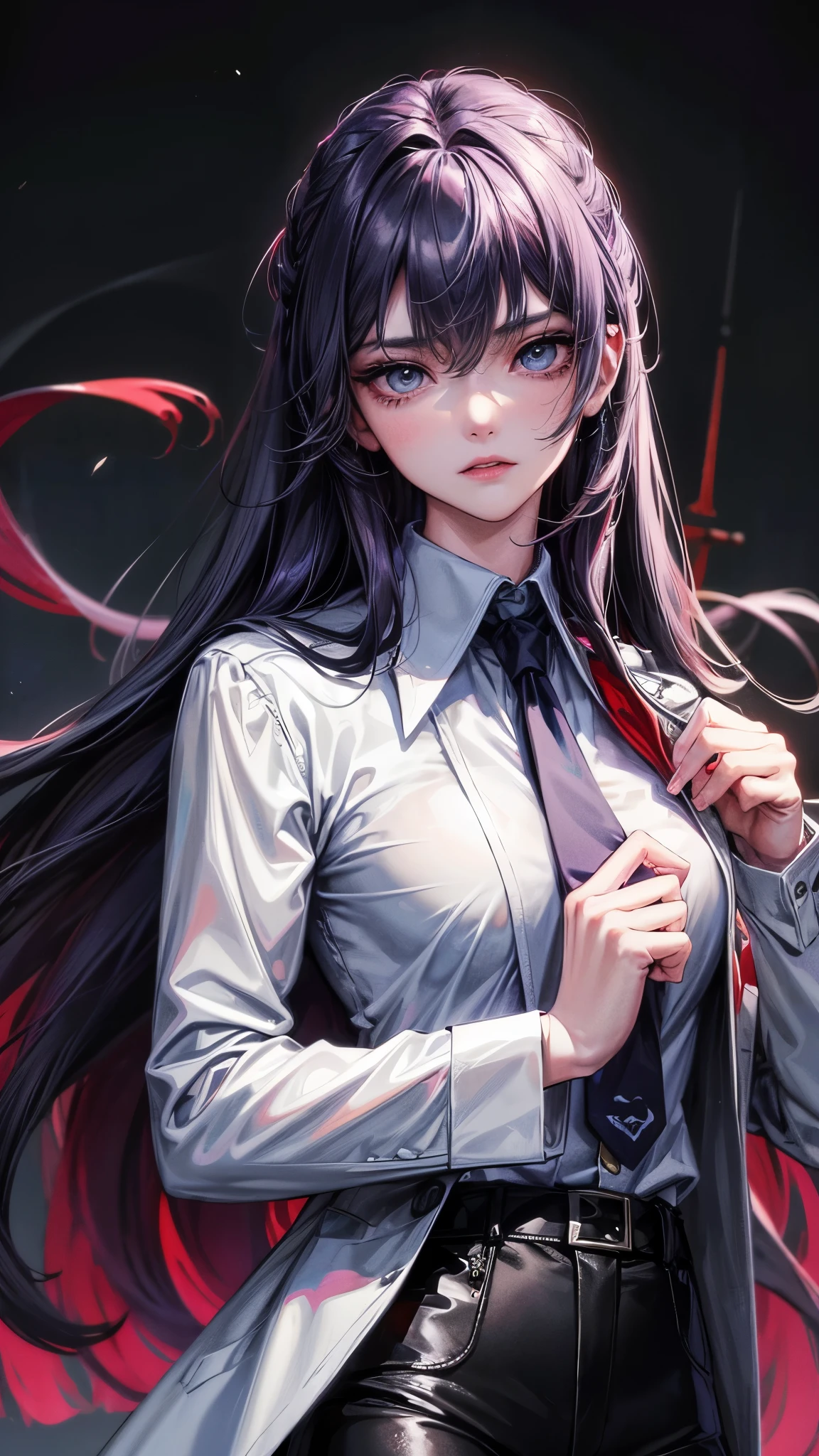 (Top resolution、Distinct_image)top-quality、A girl、​masterpiece、highly detailed, half body, Semi-realistic、blue eyes 、dark purple hair, 18year old,young 、Exquisite facial features、Facial features ,variation potrait , long  hairstyles,, teenage, cool , cold sharp eyes, survivor, An expression of anger. ,tall, lifeless eyes, blood on face, emotionless, {Very detailed 8k CG unit wallpaper,normal breasts  ,cool handsome girl,  wearing suit , mafia , white shirt, black pants , detective, police woman,