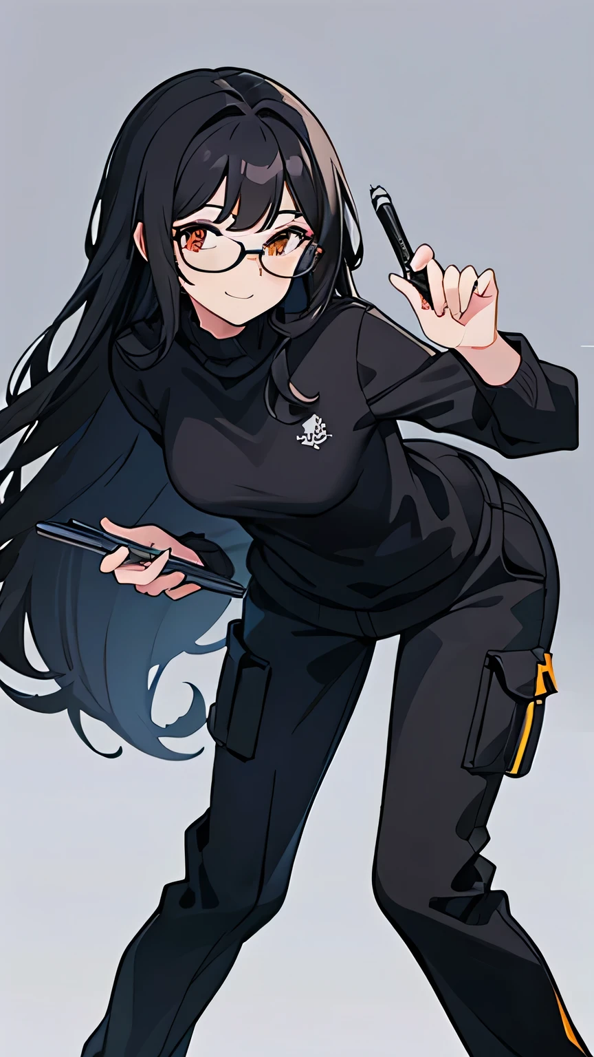158 tall girl, beautiful wavy black hair , wearing glasses, wearing a black sweater, pen cargo pants, slim body, cute smile, Posing cute, Valorant game style background. PLEASE NO PARTS ANYWHERE WILL BE CUT OUT OF THE FRAME EXCEPT FOR THE KNEE