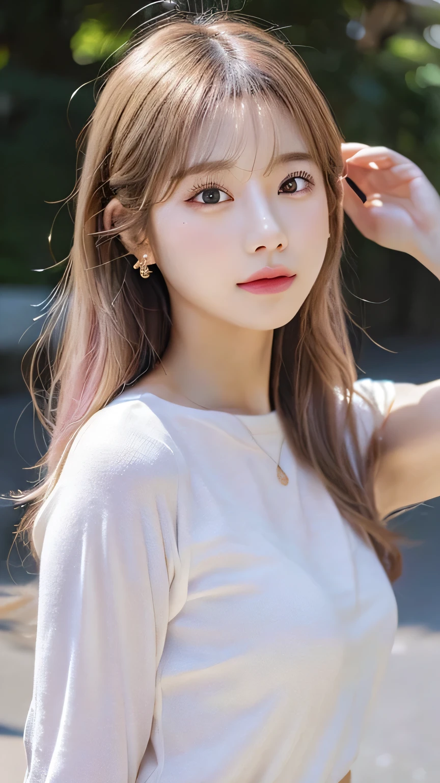 Woman standing upright facing the camera、Light clothing、Expose、Thin white shirt、(Highest quality,masterpiece:1.3,Ultra-high resolution,),(Very detailedな,Caustics),(Photorealistic:1.4,RAW shooting,)Ultra-Realistic Capture,Very detailed,High resolution 16K for human skin、 Natural skin texture、、Skin tone is even and healthy looking、 Use natural light and colour,One Woman,Japanese,,cute,Pink Hair,Mid-length hair,(Written boundary depth、chromatic aberration、、Wide range of lighting、Natural Shading、)、(Daytime outdoor lighting:1.4)、(Hair swaying in the wind:1)、short hair、hair ornaments、Put it on your ear