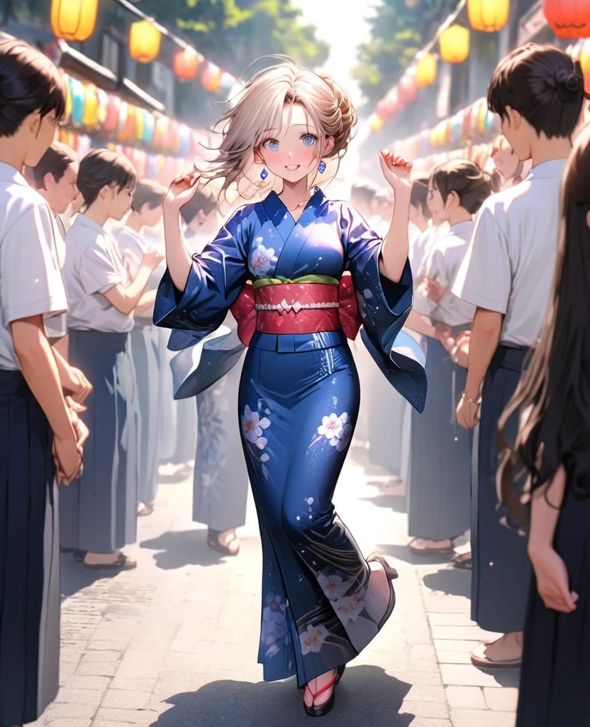 8K,gal，an extremely delicate and beautiful,Beautiful and realistic skin,Shiny jewel-like earrings,Shine like glitter long Greige hair,beautiful eyes,full body,Bon dance,yukata