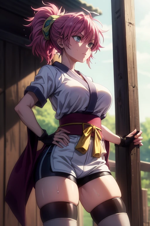 masterpiece, Highest quality,  Unreal Engine,  Super Resolution, Very detailed, 

Beautiful woman, machi, short kimono, obi, sash, fingerless gloves, bike shorts, socks,thighhighs,or, ponytail,hair_ornament, Vivid expression, Healthy Body, Smooth skin texture, Carefully drawn, 

(humidity:1.5), Beautiful Eyes, (Attractive face:1.2), (Beautiful Skin), Tight waist, (Big Breasts), (Sticky with sweat), Dynamic pose, 

In the world of Hunter Hunter, Outdoor, Slums at night,