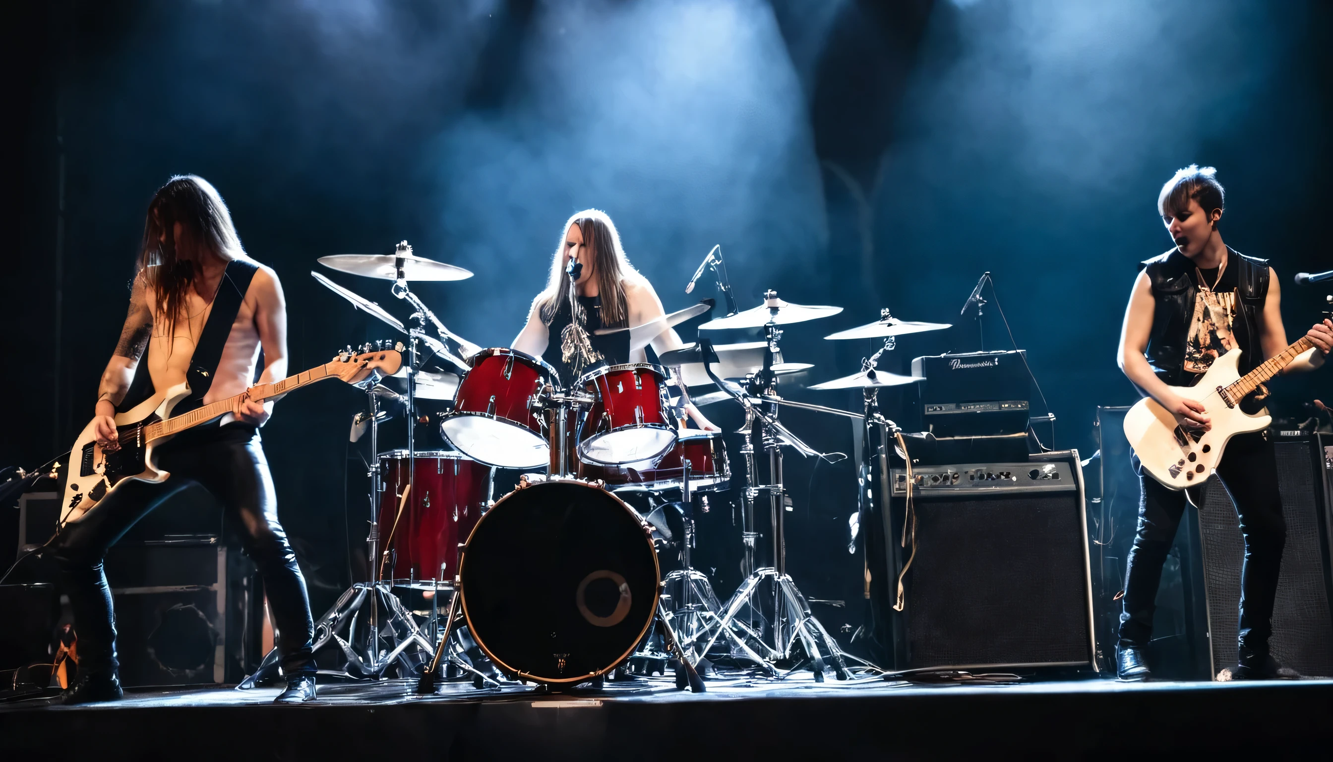  a metal rock band performing on stage with guitars and drums and vocalist