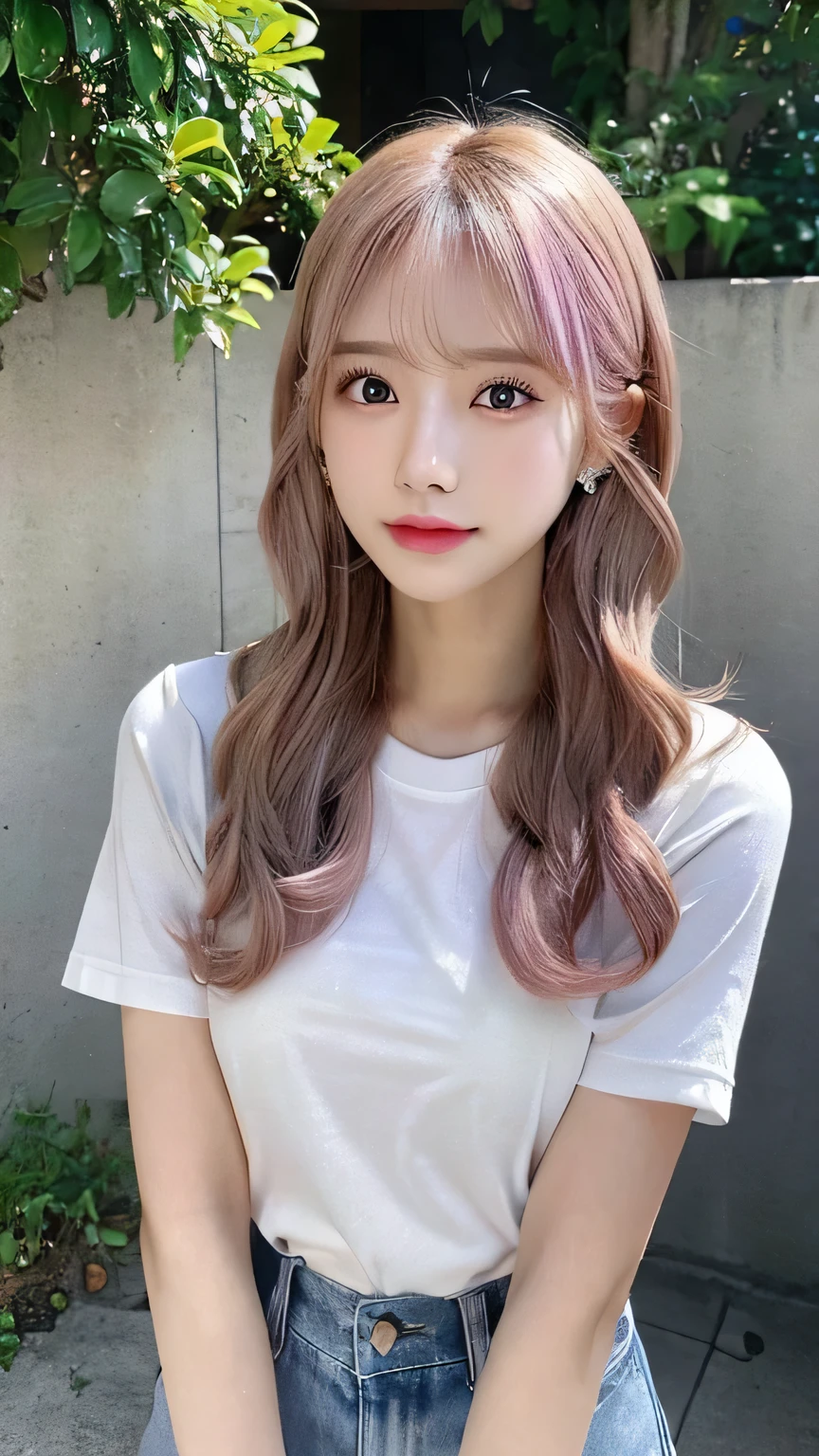 Woman standing upright facing the camera、Light clothing、Expose、Thin white shirt、(Highest quality,masterpiece:1.3,Ultra-high resolution,),(Very detailedな,Caustics),(Photorealistic:1.4,RAW shooting,)Ultra-Realistic Capture,Very detailed,High resolution 16K for human skin、 Natural skin texture、、Skin tone is even and healthy looking、 Use natural light and colour,One Woman,Japanese,,cute,Pink Hair,Mid-length hair,(Written boundary depth、chromatic aberration、、Wide range of lighting、Natural Shading、)、(Daytime outdoor lighting:1.4)、(Hair swaying in the wind:1)、short hair、hair ornaments、Put it on your ear