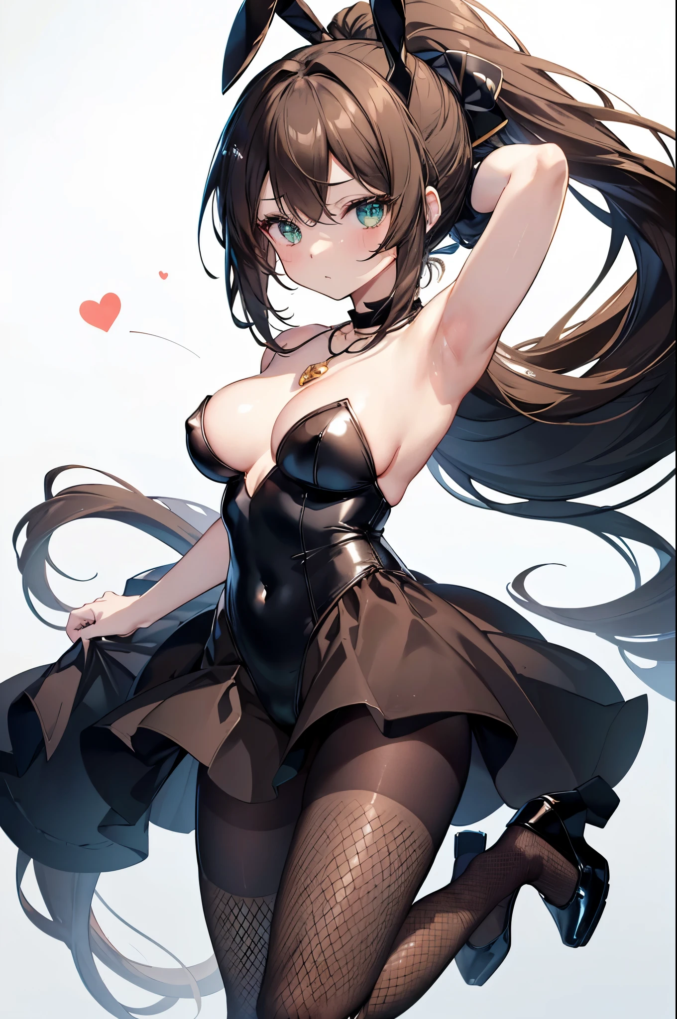 {{masterpiece}}, The best quality of life, 、Dark brown long hair 、ponytail、Anime Girls with brown long hair, Cute female anime visuals,(Black Bunny Suit,Black pumps), Anime full body illustration, Anime Moe Art Style, Anime characters, (Anime Girls)、(Green Eyes）、Expressionless adult woman、Small Necklace、((White background))、Fishnet tights、Black pumpsをはいて立っている、tall、One woman with good style、Large Breasts、Black rabbit ears、Bunny girl、There is an ornament on the arm