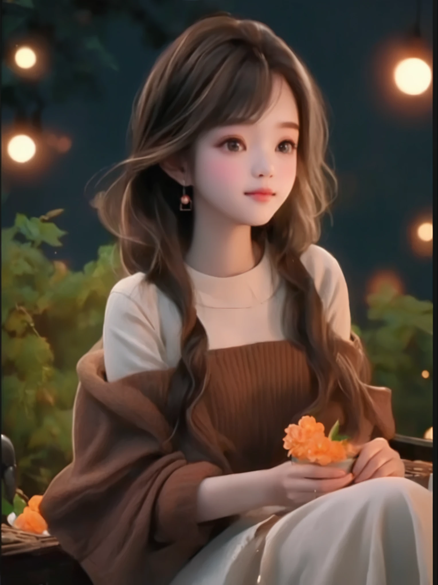 A long-haired girl sitting on a bench，Holding a cup in hand, charming细致的数字艺术, charming的数字艺术, charming卡通 character, charming的肖像, charming卡通, charming的角色, Soft portrait shots 8 k, charming的数字, charming的 3d 渲染, charming, charming的动漫女孩, charming美丽, Beautiful soft lighting, charming, charming的卡哇伊女孩