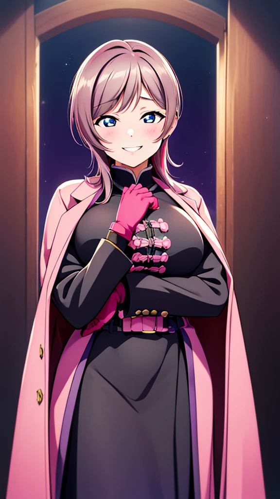 night、lovelive　Asaka fruit forest、Black Background、Evil background、Hotel Bedroom、Sensual pink light、A duffle coat that wraps around your body、Tight waist、Upper Body、tall、Black long gloves、Upper Body、Evil female warrior、Fantasy、Condescending smile、Fallen into evil、Fall into Darkness