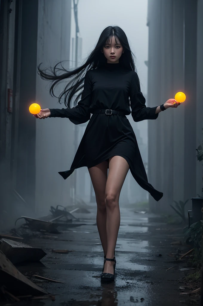 woman long (floating) (dark) hair wearing a (black) dress stands in a (very dark misty place). Holding two very big glowing power balls in her hands mean while levitate from ground