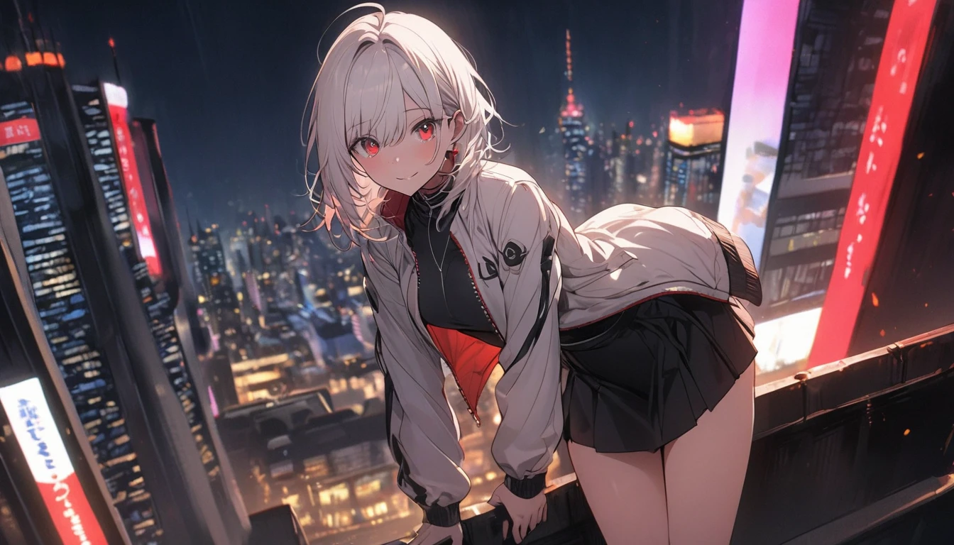 1 adult woman with white hair, red eyes, wearing a light jacket and short skirt, standing on top of a building, dark city night, building view ((with city lights)) (city background ), night,