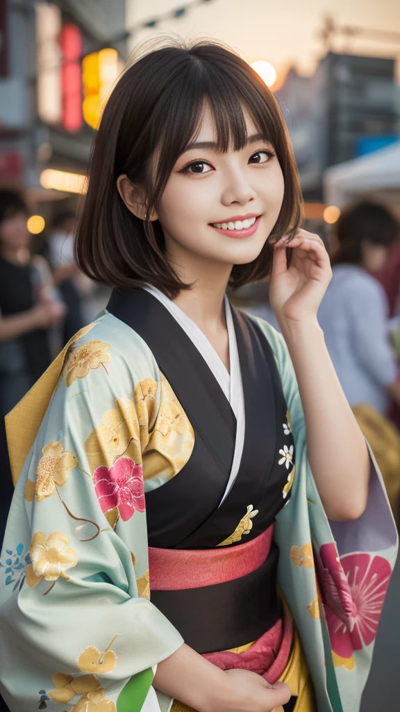 Looking at the camera,(((highest quality, 8k, masterpiece))), Sharp focus, (Beautiful woman with perfect figure), thin, (Hairstyle: upper)), ((kimono: Cane)), street: 1.2 Highly detailed face and skin texture Detailed eyes Double eyelid Random pose, (smile),supperer cute Japan person,supperer beauty Japanese girl, Realistic Face, double eyelid,smile,Summer festival , At sunset , Beautiful Teeth , Fireworks Background.