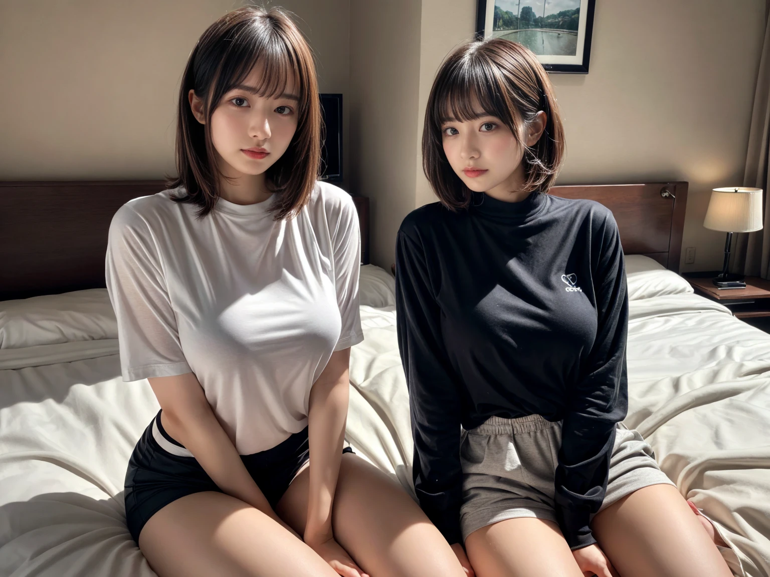 masterpiece, best quality, illustration, Super detailed, fine details, High resolution, 8K,wall paper, perfect dynamic composition,(Details High quality, realistic depiction of eyes:1.3), (2 girls), oversized sport shirt, shorts women, sitting, open legs, short bob hair, in a hotel room in the background, deep on field, large breasts, black hair color, Big Natural Color Lip, (perfect body shape), crying a little、Harajuku style、20 year old girl、cute type、beautiful legs, Gravure Idol